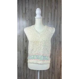Vintage Ms Sport Women's XL Hand-Knitted‎ White Linen Blend V-Neck Sweater Vest
